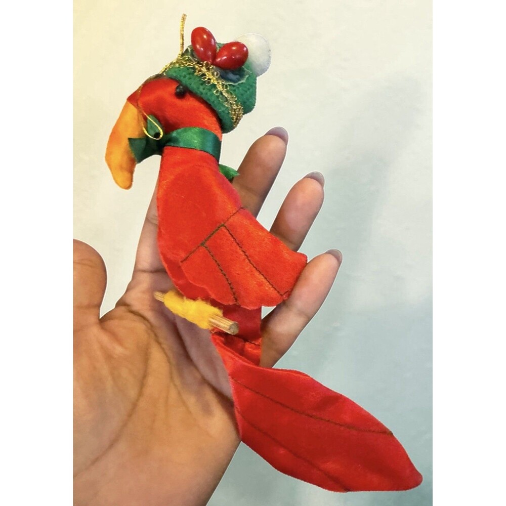 Vintage Red Satin Cloth Parrot BIRD CHRISTMAS TREE ORNAMENT With Green Hat